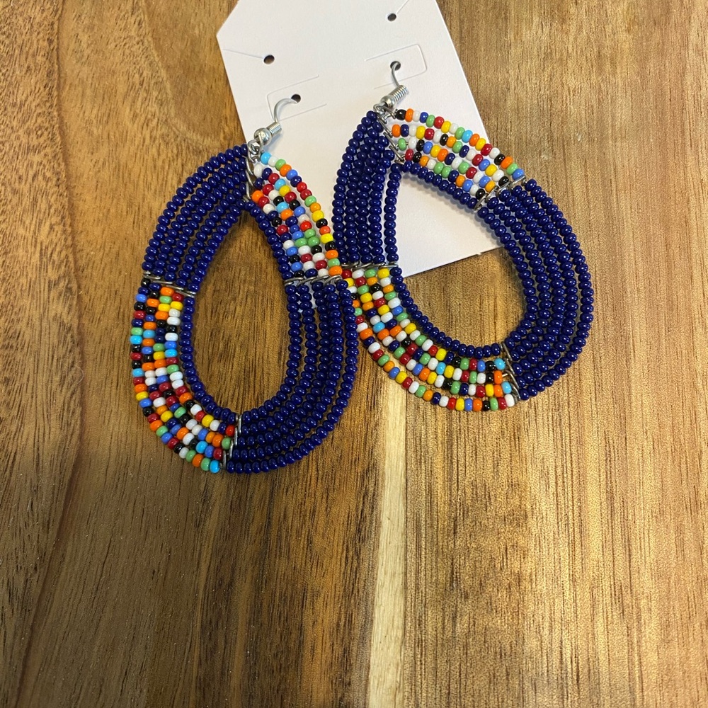 Blue Bohemian Beaded Hoop Earrings - Picture 2 of 2